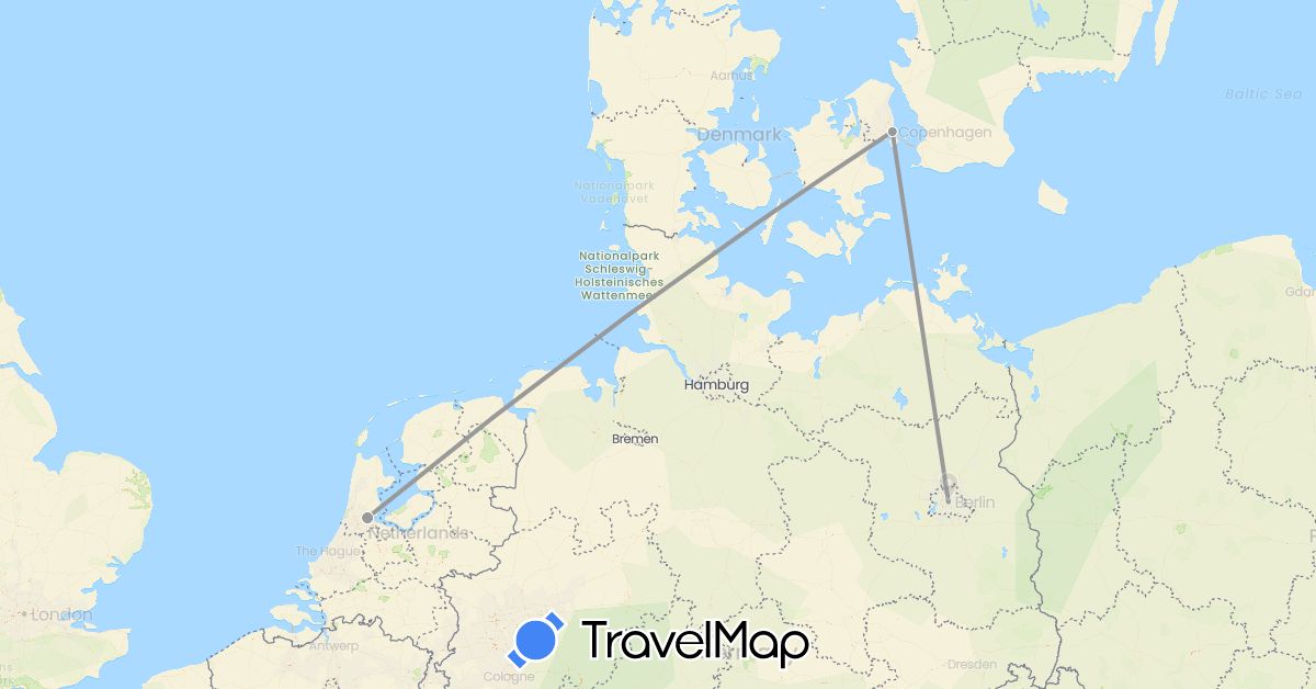 TravelMap itinerary: driving, plane in Germany, Denmark, Netherlands (Europe)